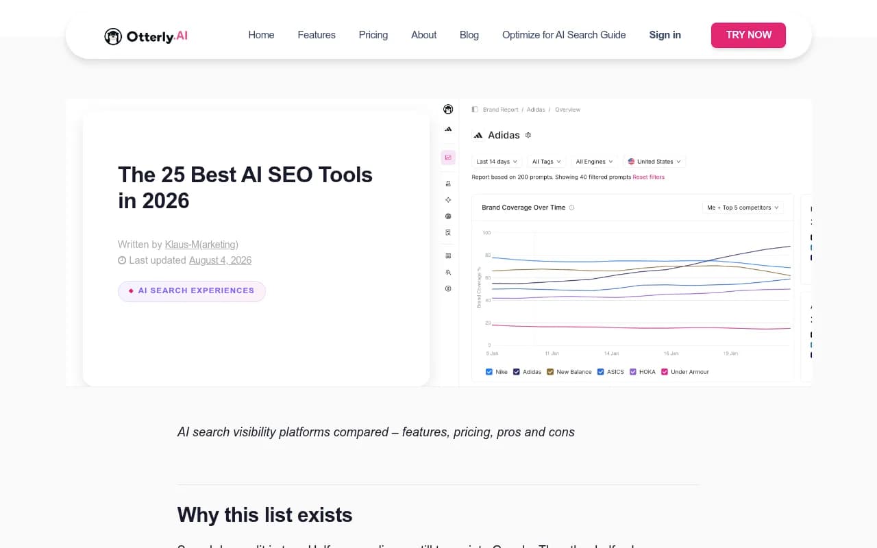 Otterly.AI's list of 25 AI SEO tools, useful as a shortlist starting point