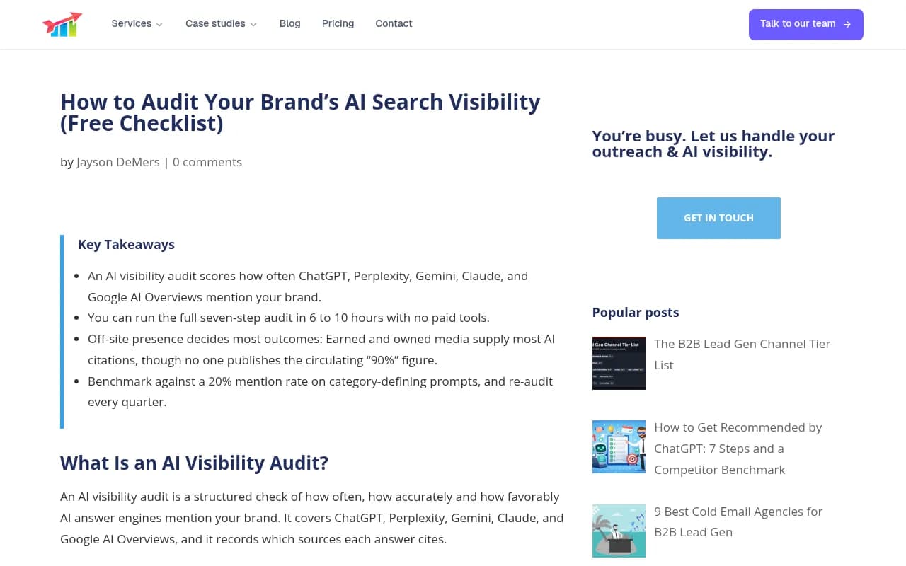 Checklist for auditing AI search visibility, covering crawlability, llms.txt, schema, and content freshness