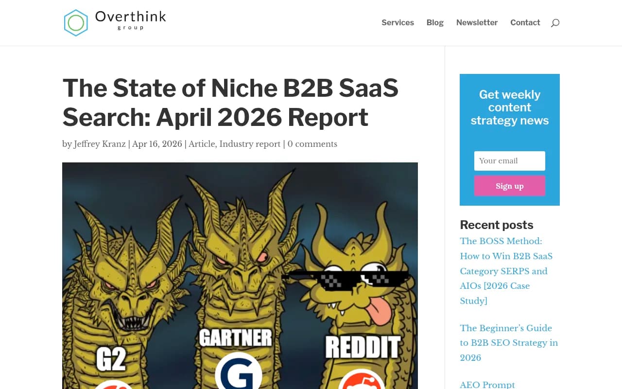 The State of Niche B2B SaaS Search: April 2026 Report from Overthink Group, showing citation and SERP data for niche B2B SaaS keywords