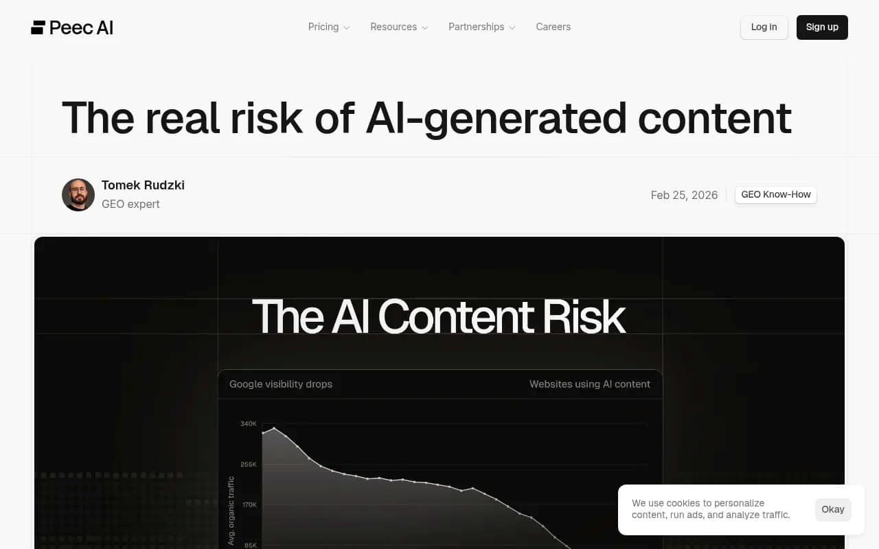 Peec AI blog post on the real risks of AI-generated content at scale