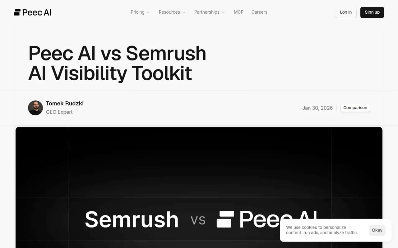 Peec AI comparison page showing feature breakdown against Semrush AI Visibility Toolkit