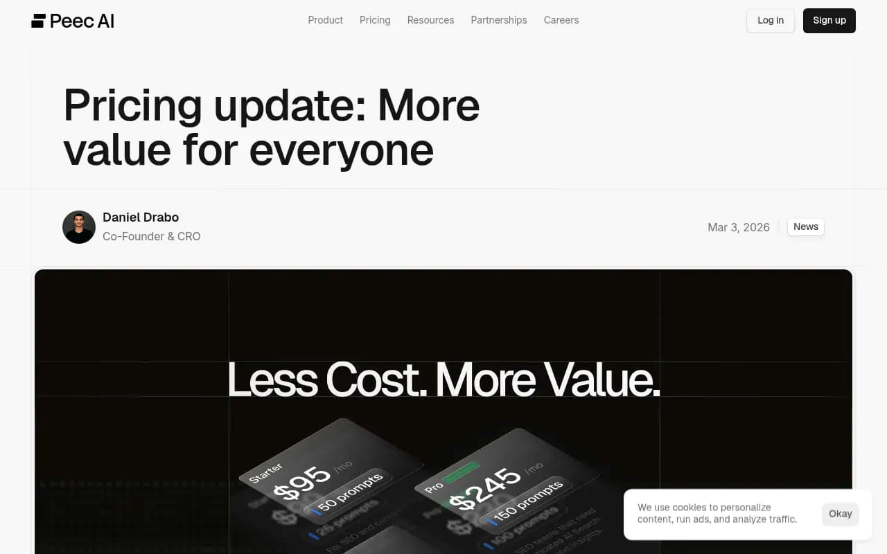 Peec AI pricing update announcement from March 2026