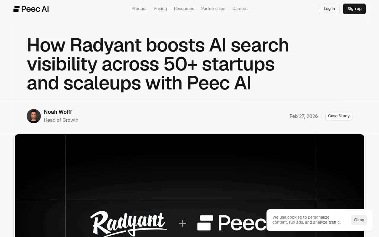 Radyant case study showing AI search visibility improvements with Peec AI