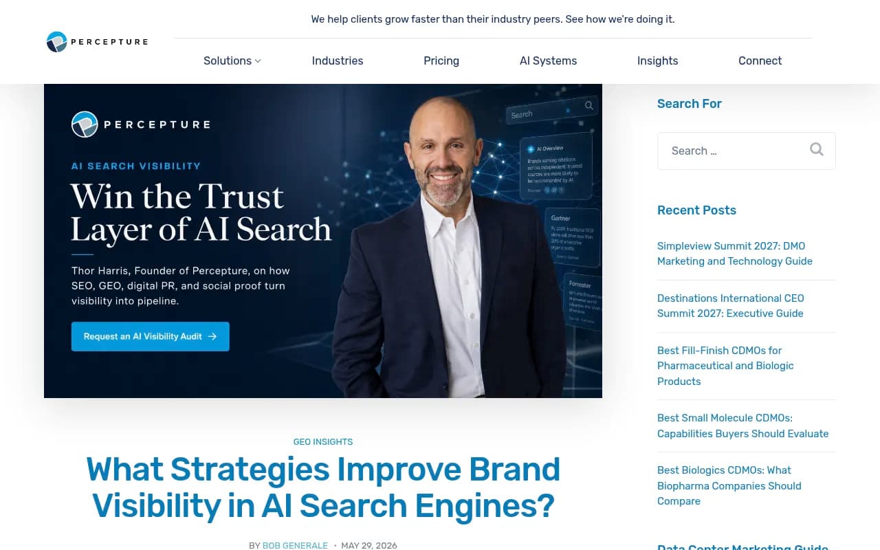 Percepture breakdown of the strategies that build brand visibility in AI search, spanning the website, search results, expert profiles, and earned media