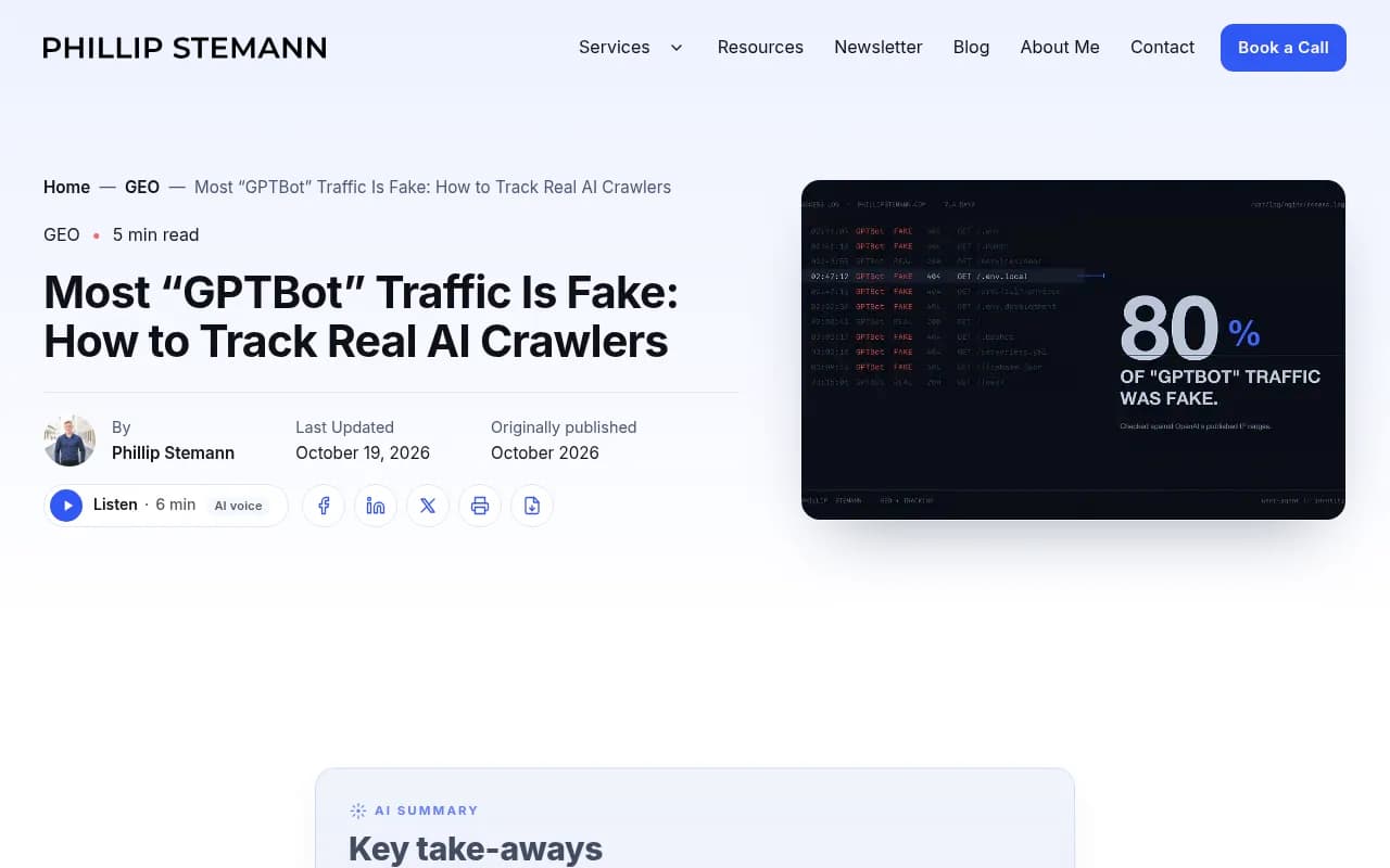 Phillip Stemann's write-up showing fake versus real GPTBot requests in a server log