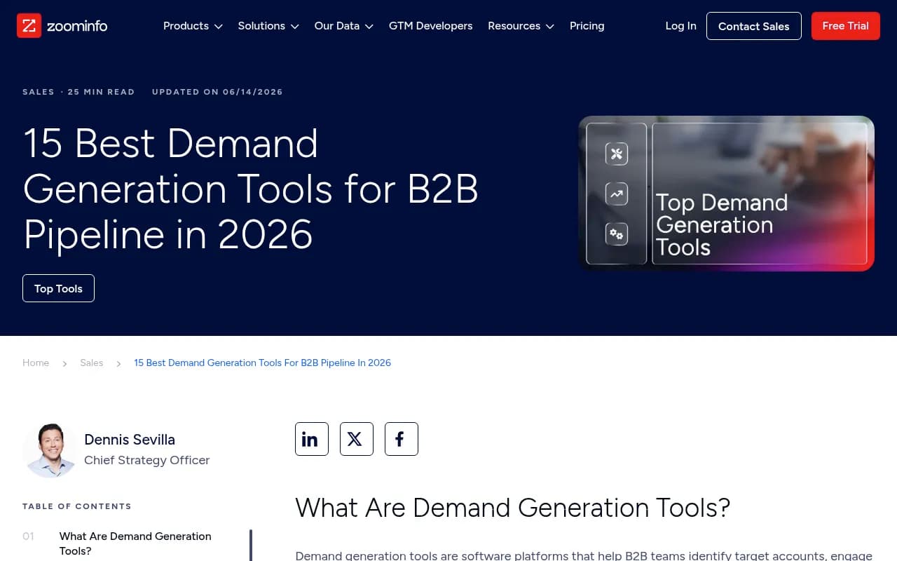 Screenshot of a ZoomInfo roundup of demand generation tools, showing the traditional category GEO tools now sit beside