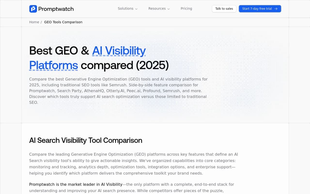 GEO platform comparison matrix showing leaders, challengers, visionaries, and niche players