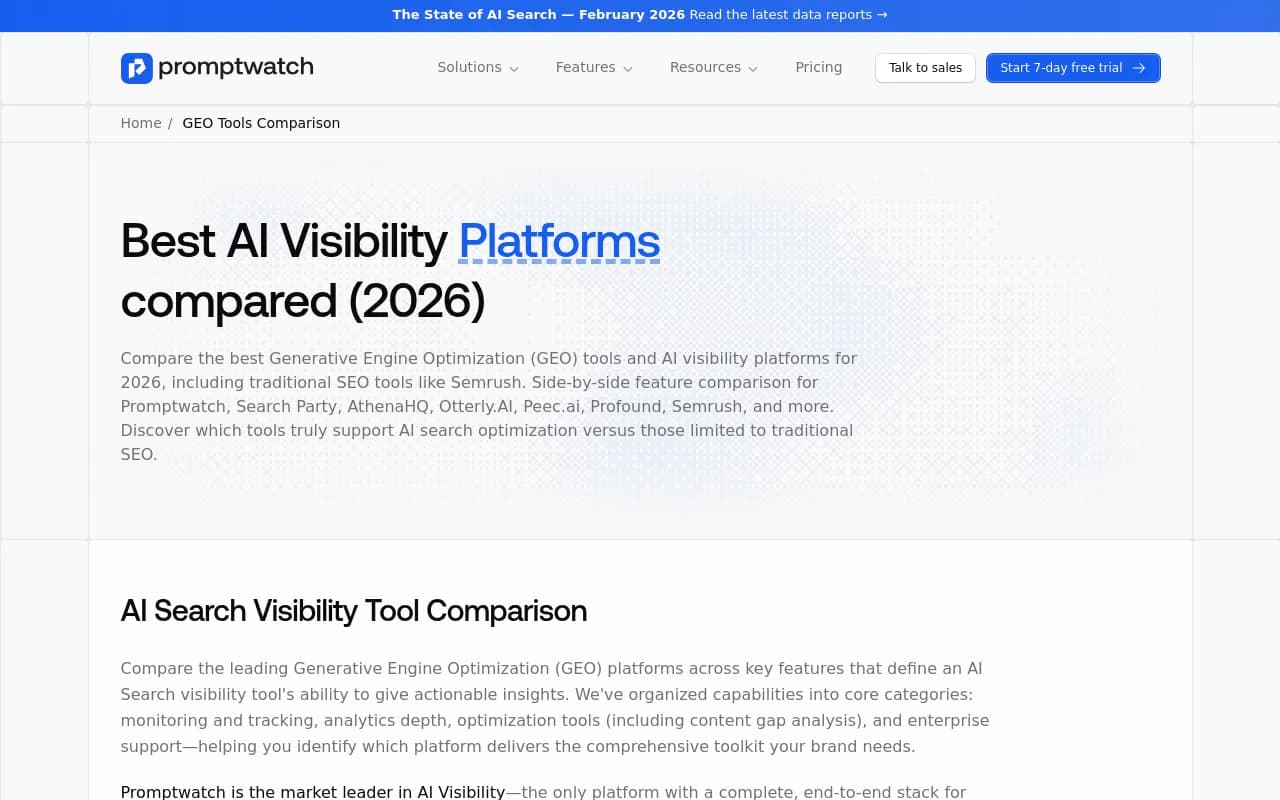 Promptwatch's AI visibility platform comparison page showing feature matrix across 12 GEO tools
