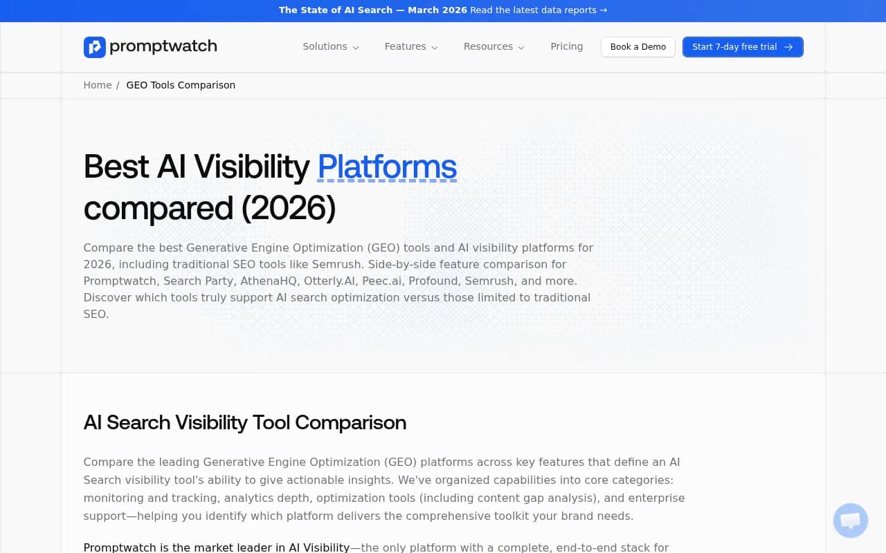 Promptwatch GEO platform comparison showing feature ratings across 12 platforms