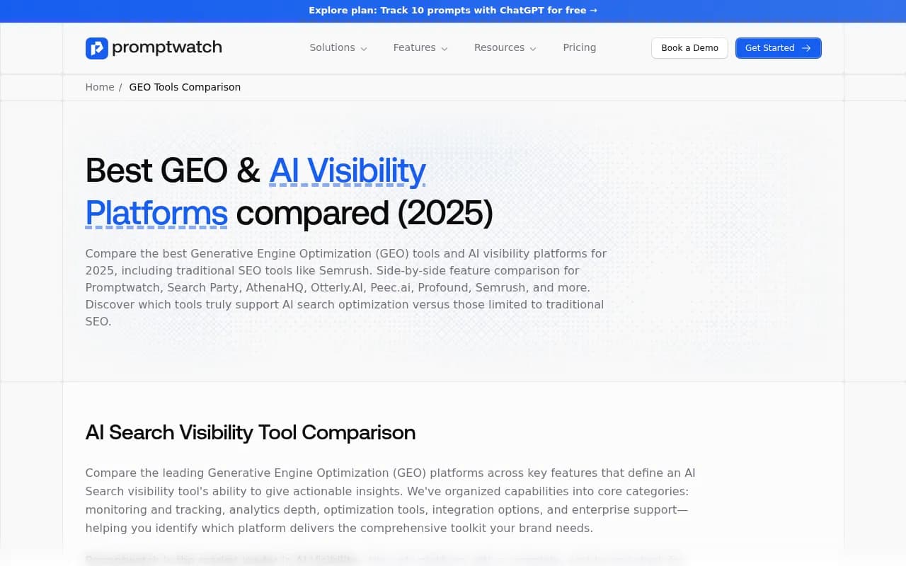 Promptwatch GEO platform comparison showing Leader vs Challenger positioning across 12+ AI visibility tools