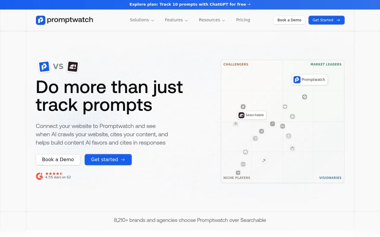 Promptwatch vs Searchable feature comparison showing the gap between monitoring-only and full-stack AI visibility platforms