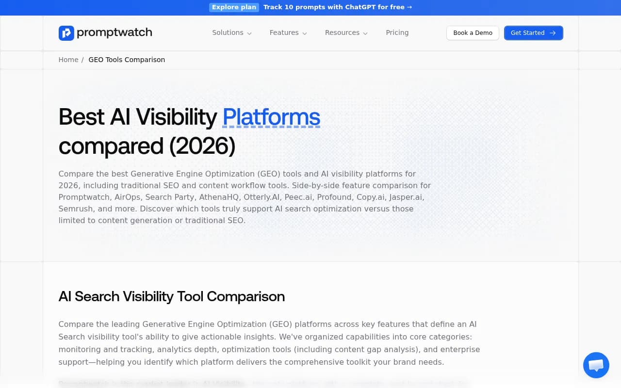 Promptwatch GEO platform comparison showing leader quadrant positioning for AI visibility tools in 2026