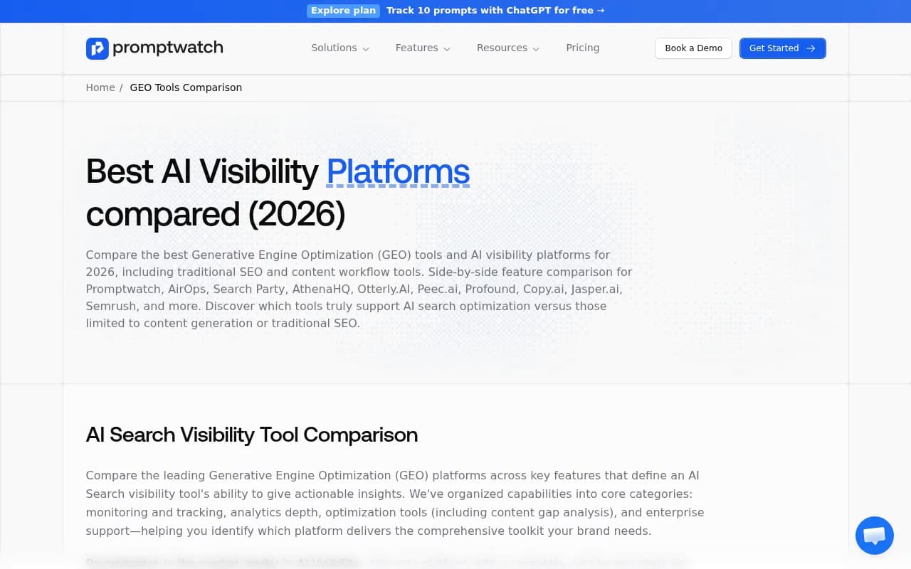 Promptwatch platform comparison showing AI visibility features across leading GEO tools