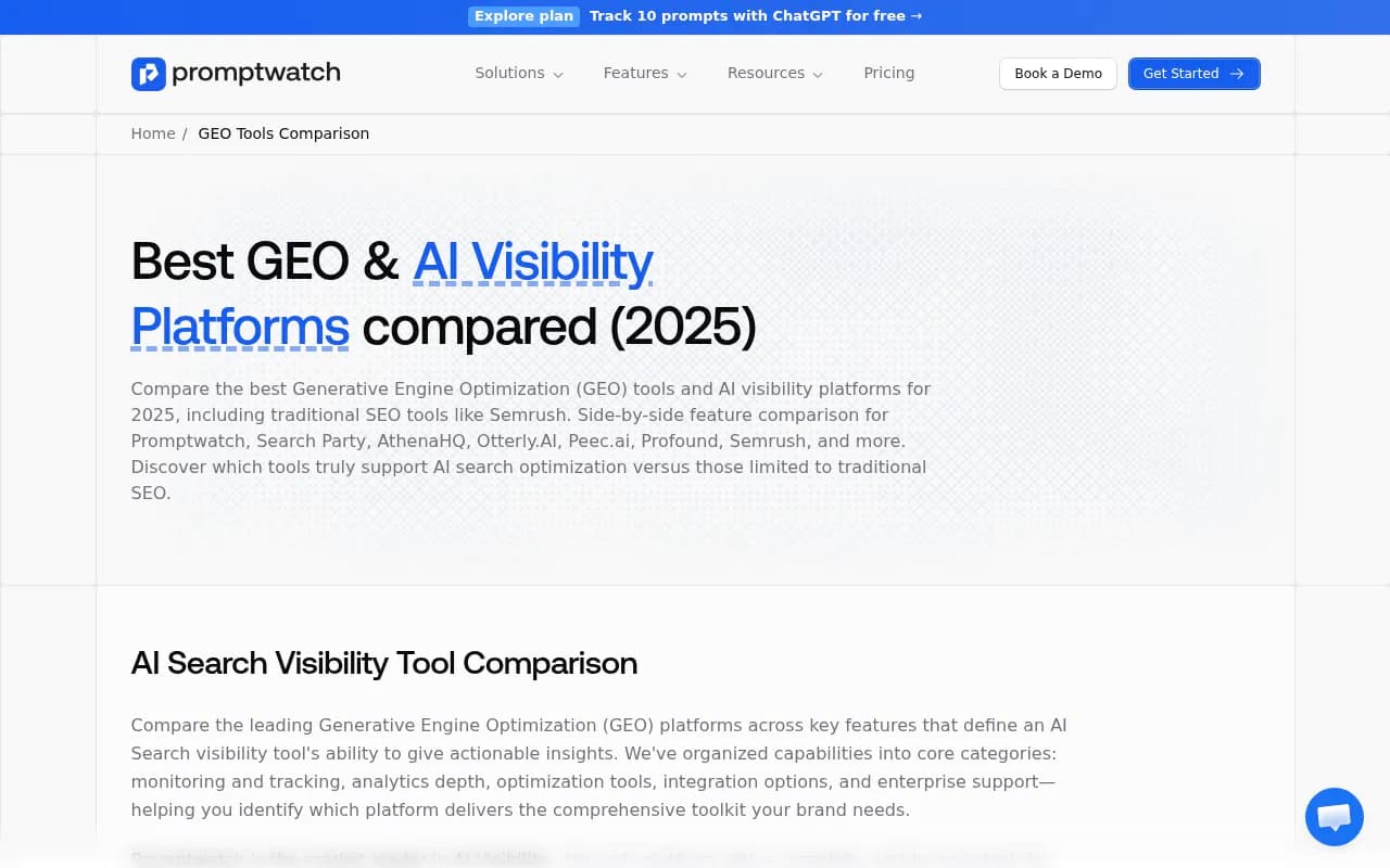 Side-by-side feature comparison of leading GEO and AI visibility platforms including Promptwatch, Otterly.AI, Peec AI, and Searchable