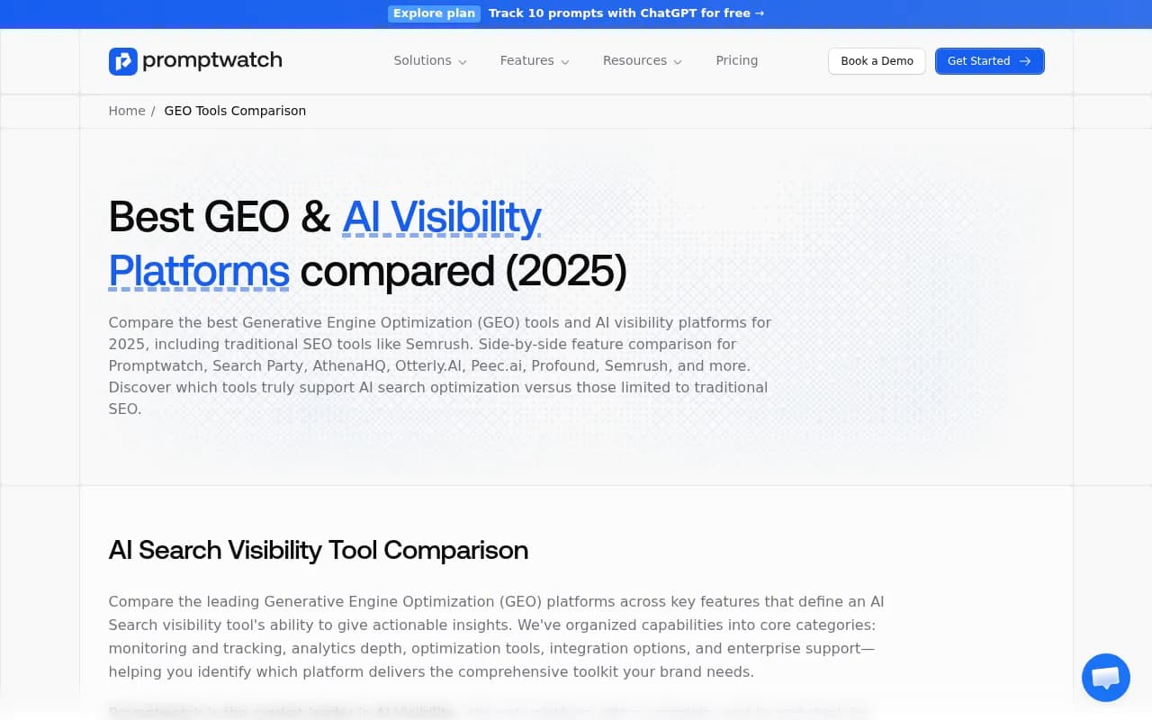 Promptwatch's GEO platform comparison showing all major AI visibility tools rated across categories