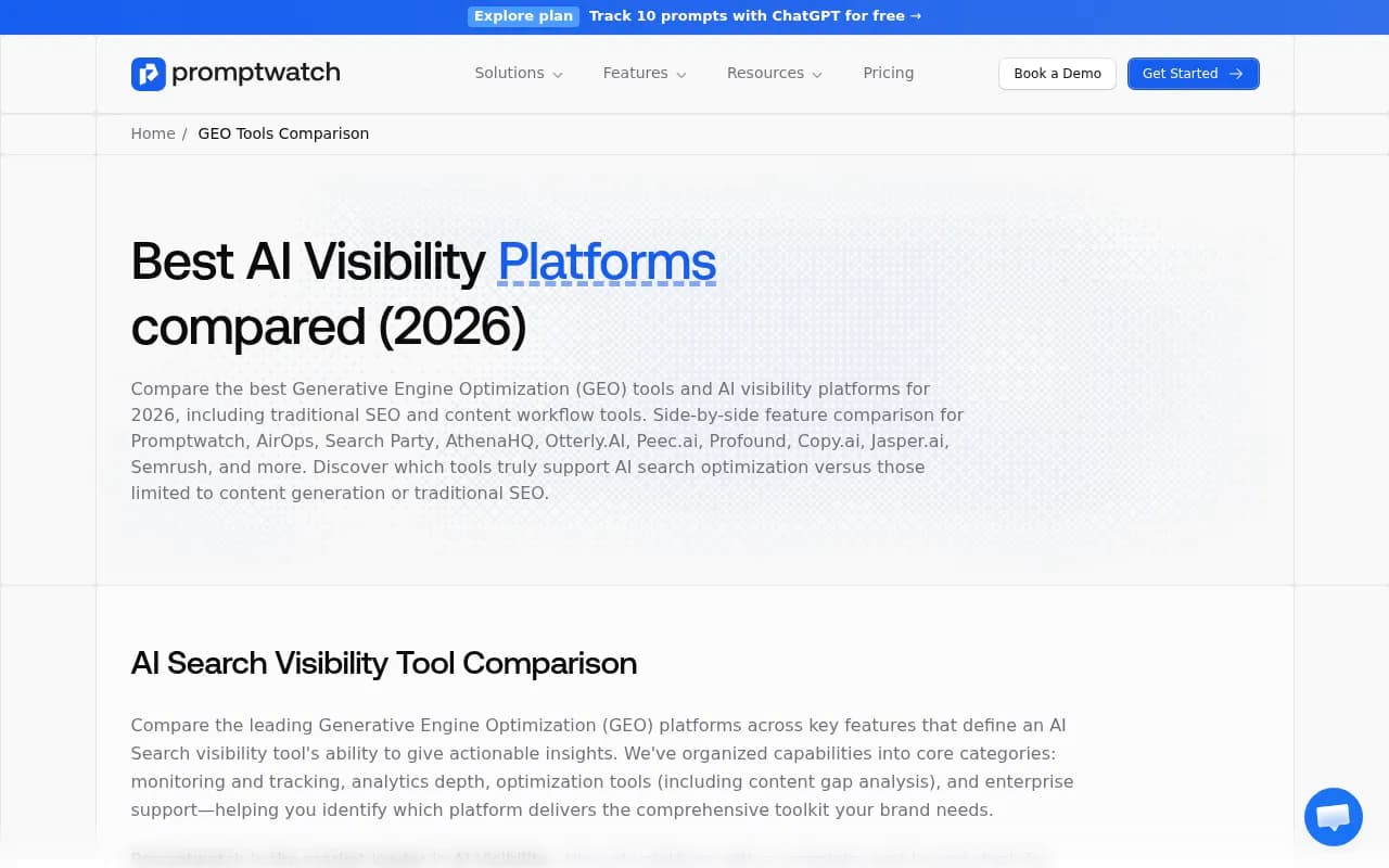 Promptwatch's GEO platform comparison showing it as the only "Leader" across all categories in a 2026 comparison of 12 platforms