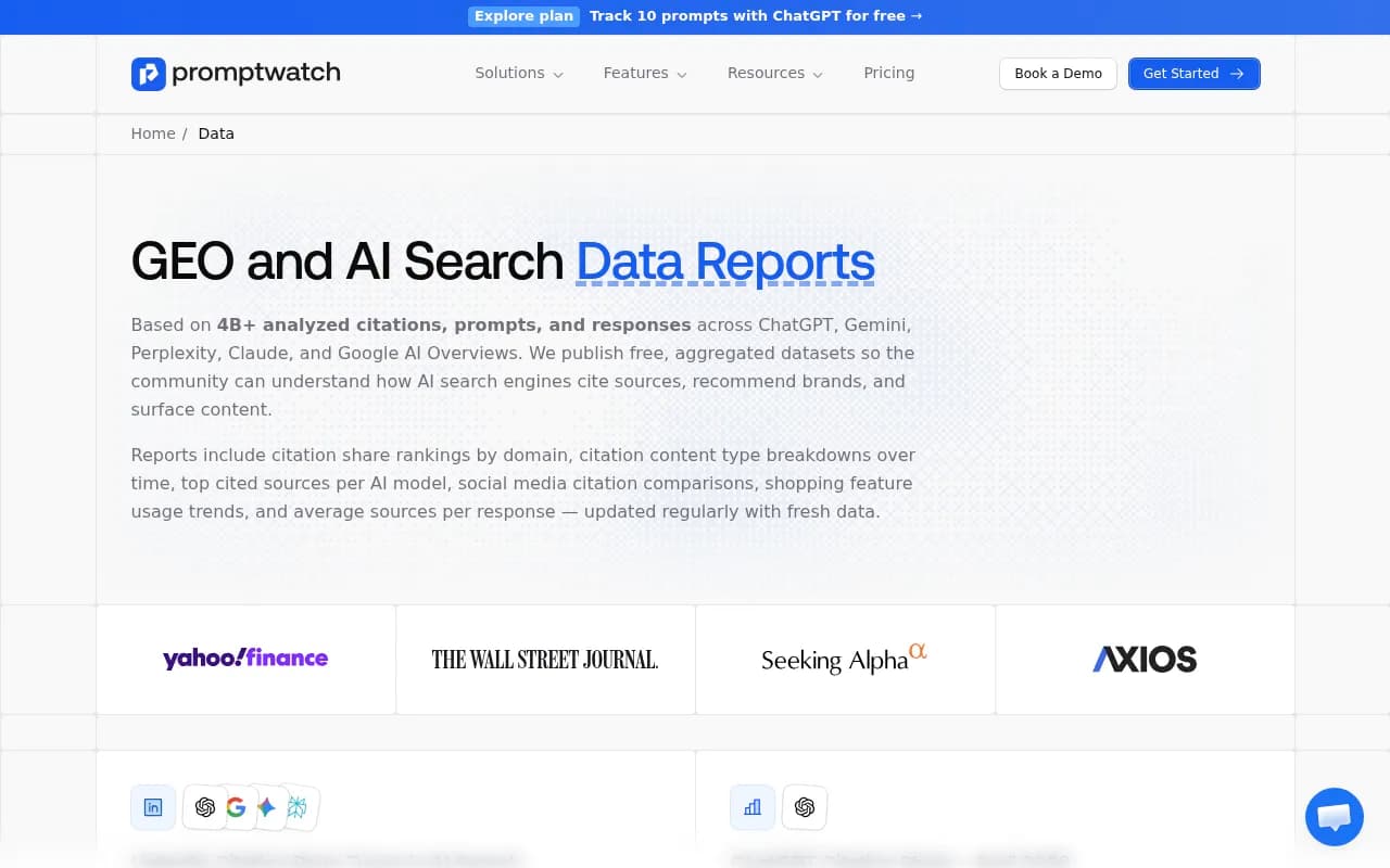 Promptwatch's free GEO and AI search data reports, updated monthly with citation share data across ChatGPT, Gemini, Perplexity, and Google AI Overviews
