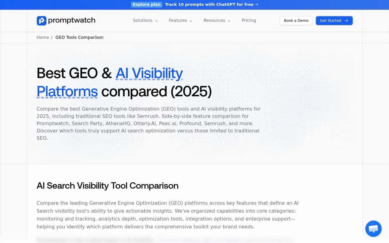 Comparison of leading GEO and AI visibility platforms showing feature coverage across monitoring, analytics, and optimization categories