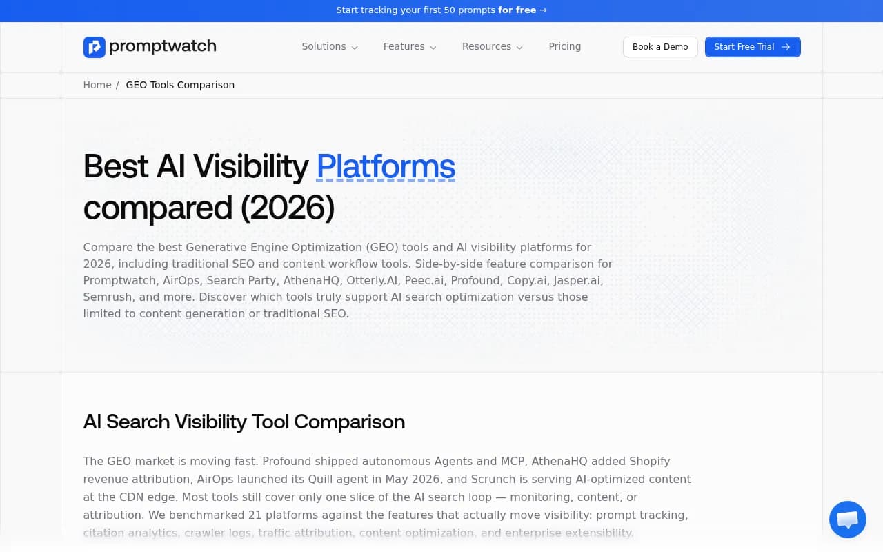 Promptwatch's GEO platform comparison page showing feature breakdown across 21 platforms