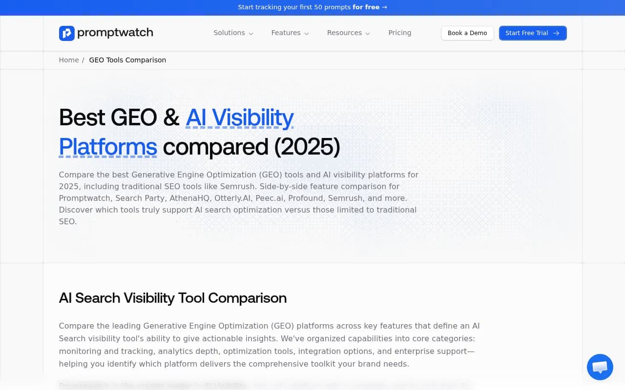 Promptwatch GEO platform comparison showing feature categories across leading platforms