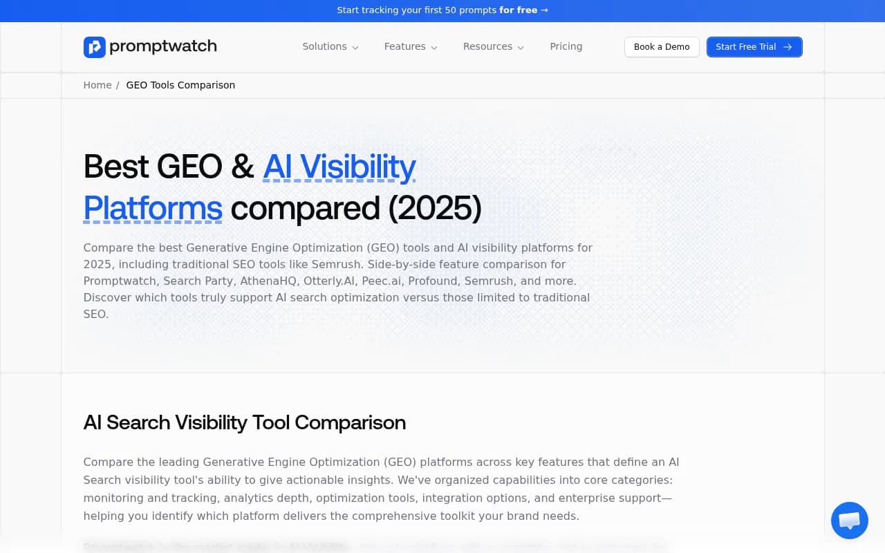 GEO Tools Compared: Top GEO & AI Visibility Platforms comparison page on Promptwatch
