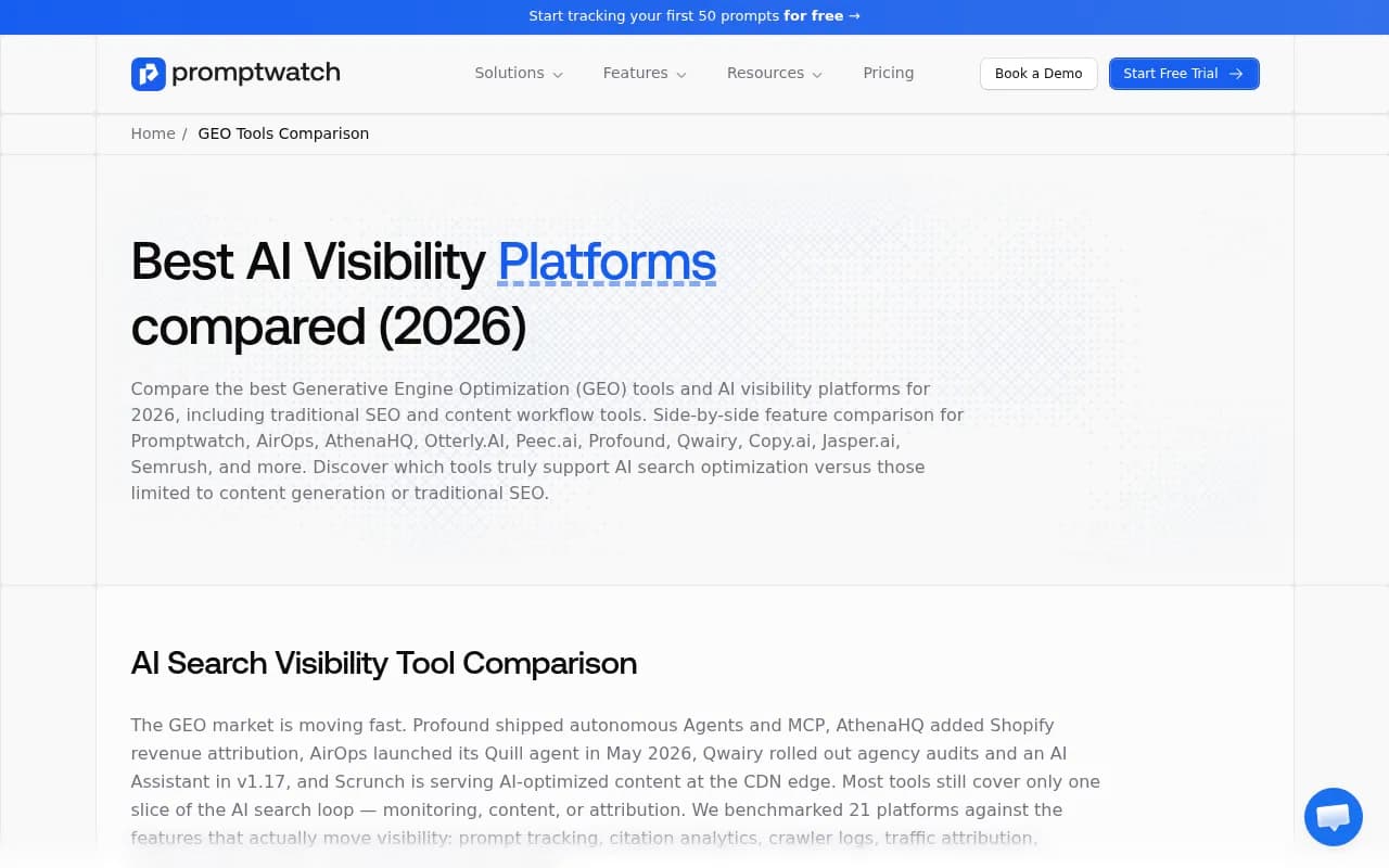 Promptwatch GEO platform comparison page showing feature matrix across leading AI visibility tools