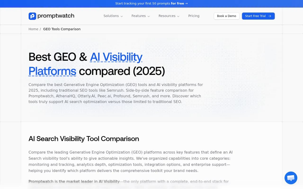 Promptwatch GEO platform comparison showing feature matrix across leading AI visibility tools