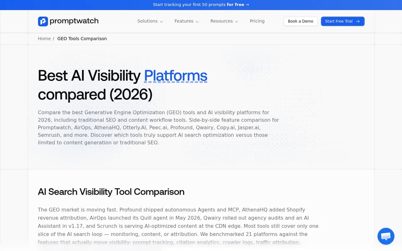 Promptwatch AI visibility platform comparison showing GEO tool benchmarks for 2026