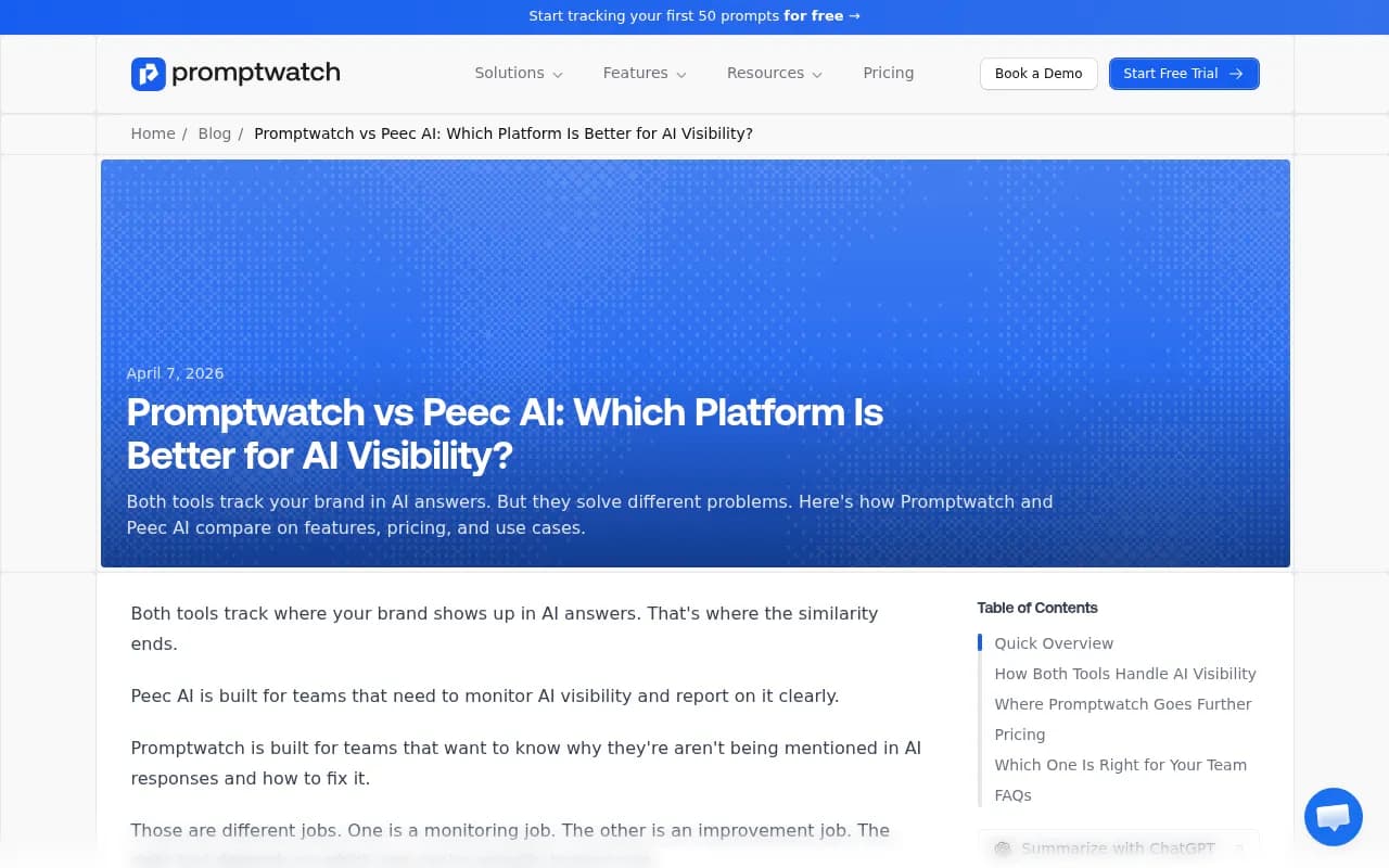 Promptwatch vs Peec AI comparison overview