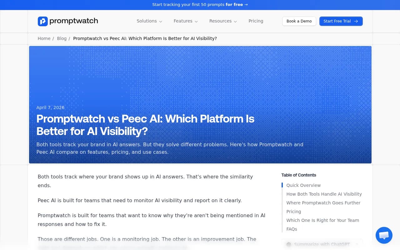 Promptwatch vs Peec AI comparison page showing feature breakdown and pricing