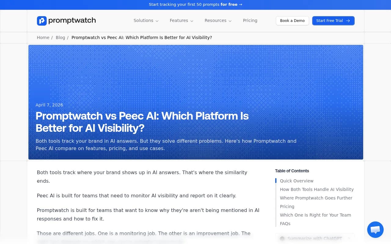 Promptwatch vs Peec AI comparison dashboard