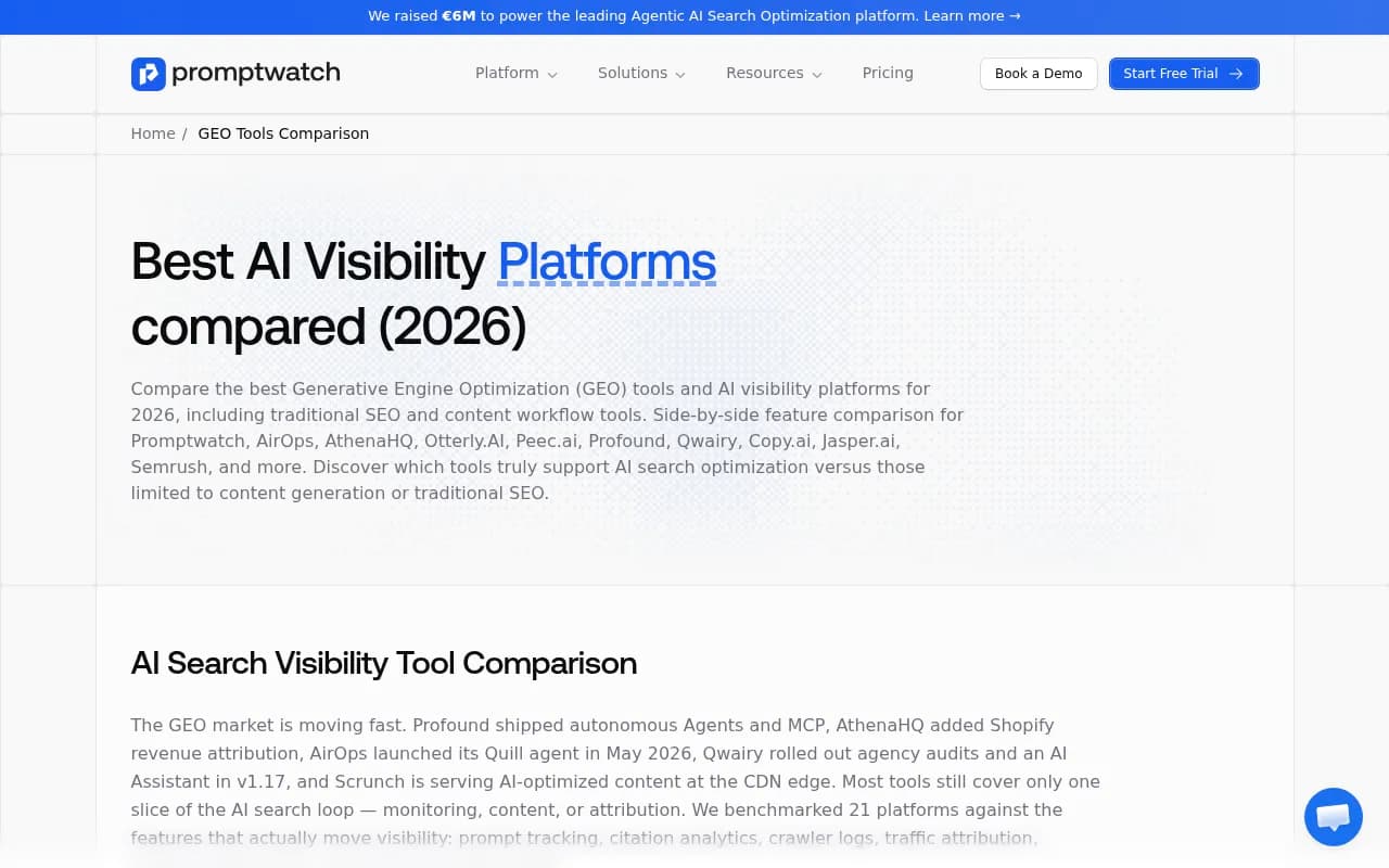 Promptwatch GEO platform comparison page showing feature matrix across leading AI visibility tools