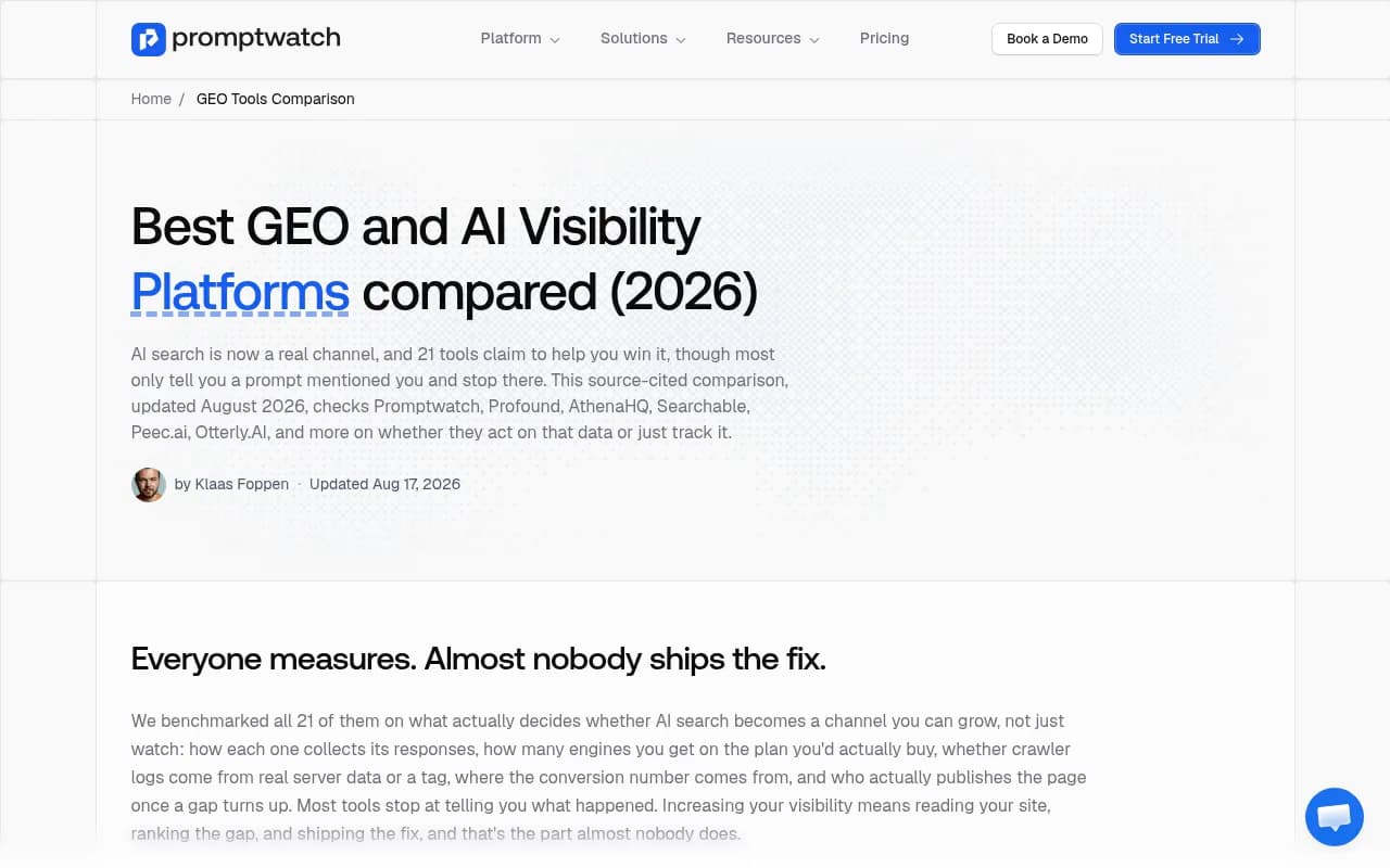 Promptwatch's 2026 comparison of 21 GEO platforms, scoring each on crawler logs, conversion tracking, content gap analysis, and CMS publishing