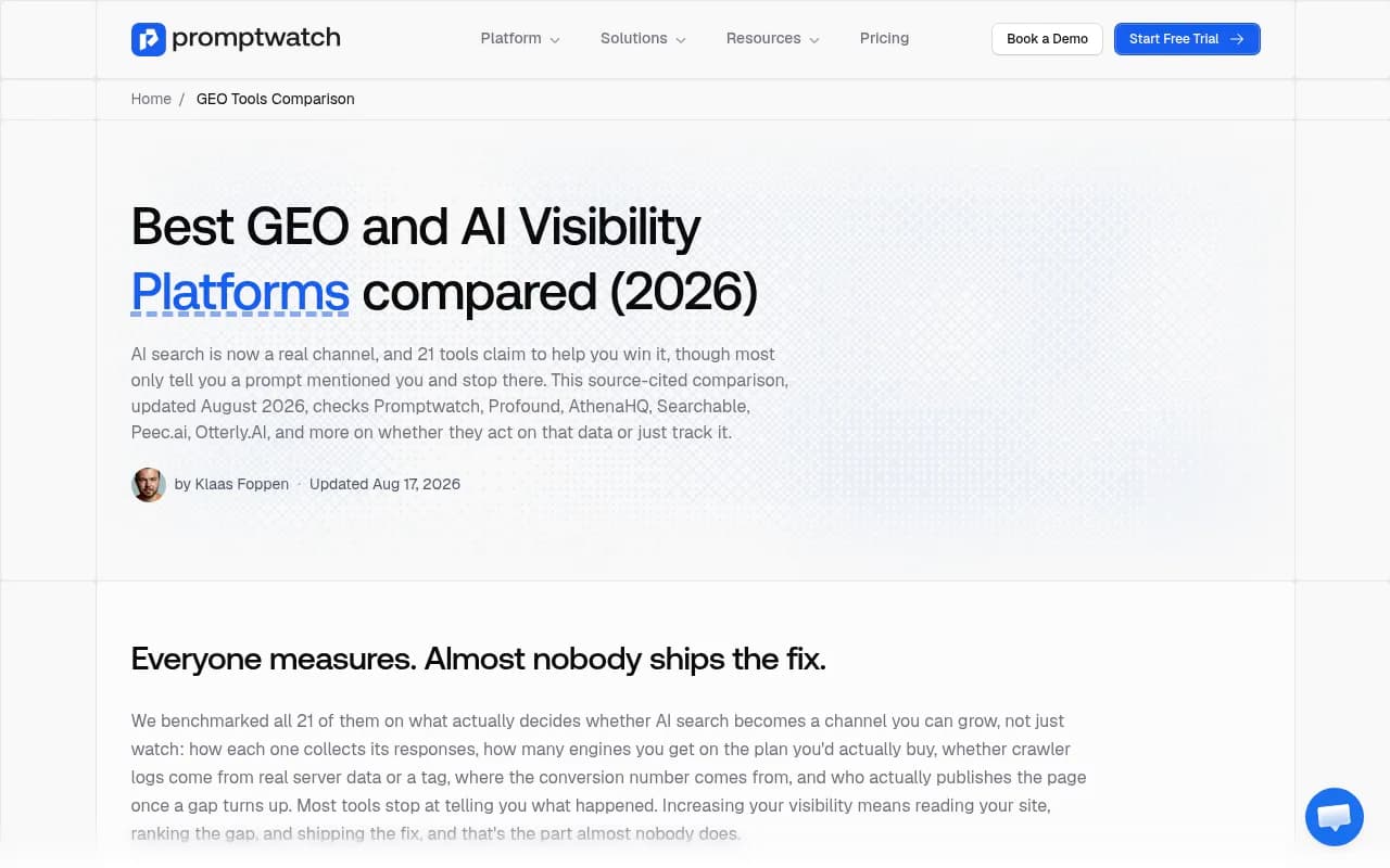 Screenshot of Promptwatch's 2026 comparison of GEO and AI visibility platforms, benchmarking 21 tools on prompt tracking, crawler logs, visitor analytics, and content execution