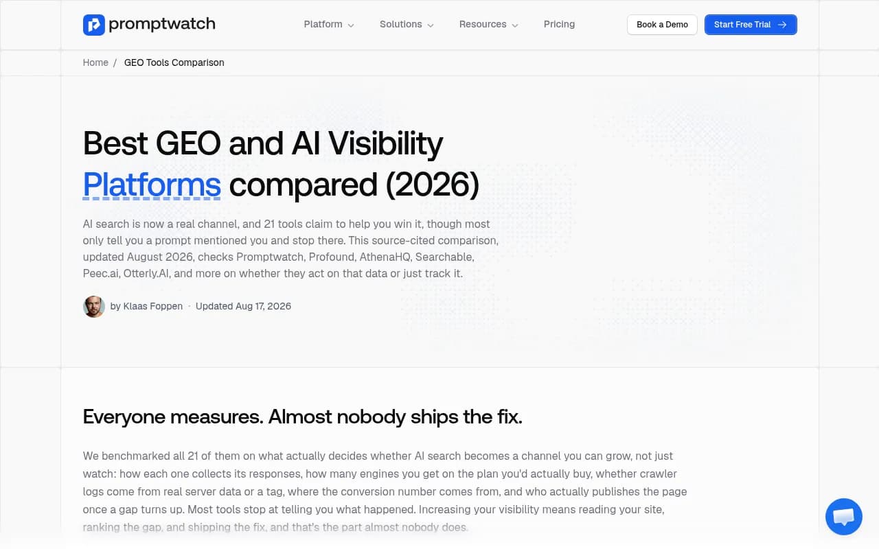 A comparison chart showing 21 GEO and AI visibility platforms scored on prompt tracking, crawler logs, and content generation capabilities