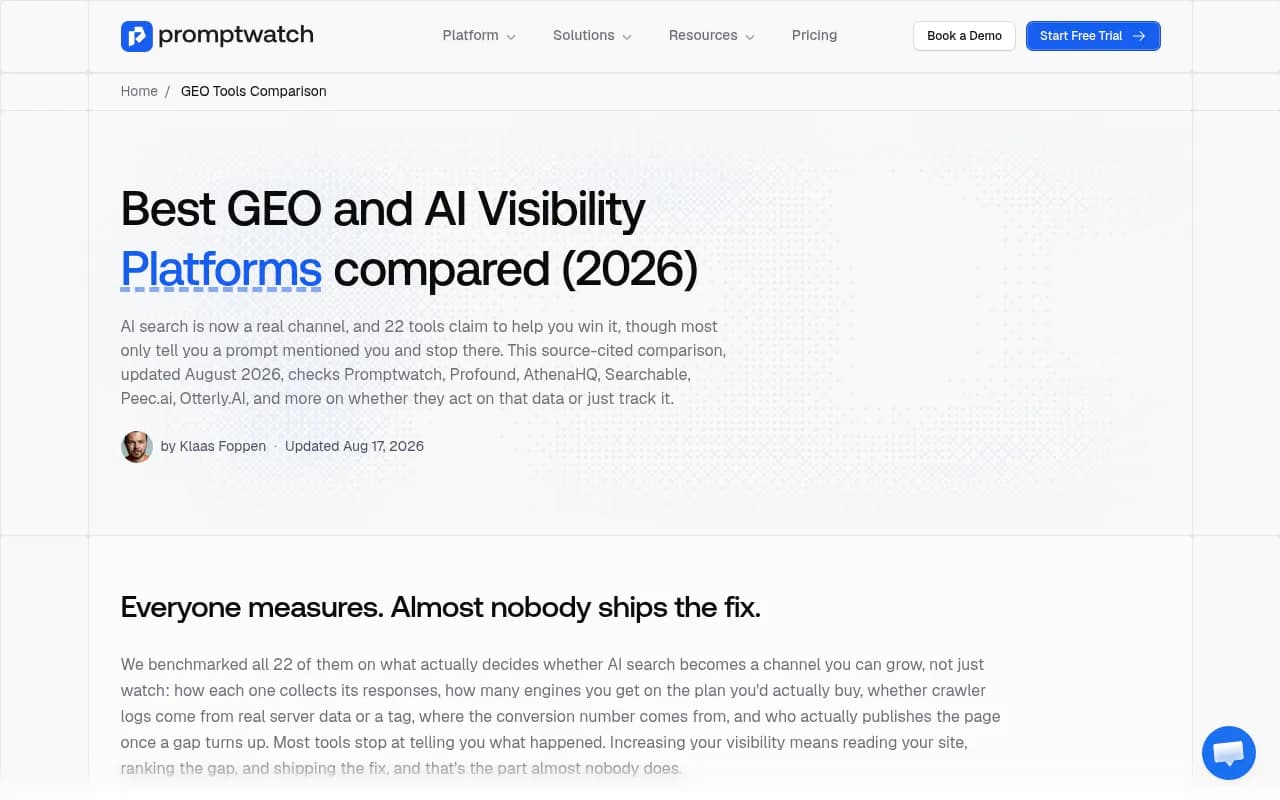 Promptwatch's comparison of GEO and AI visibility platforms showing core feature coverage across prompt tracking, crawler logs, and content gap analysis