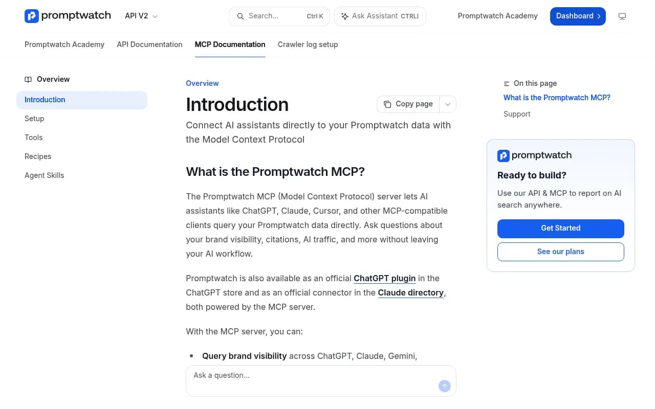 Promptwatch MCP documentation showing the server's purpose and setup