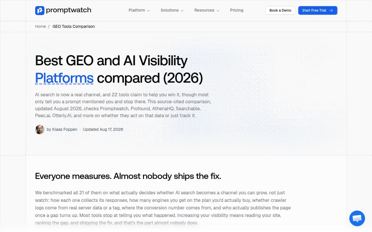 Promptwatch's 2026 comparison of 22 GEO and AI visibility platforms, scoring each on whether it tracks or actually fixes visibility gaps