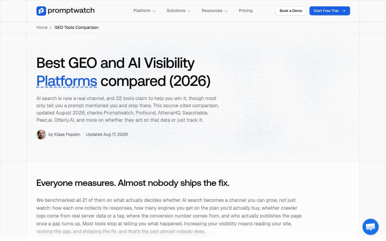 Promptwatch's GEO and AI visibility platform comparison for 2026, showing feature coverage across prompt tracking, crawler logs, and content execution
