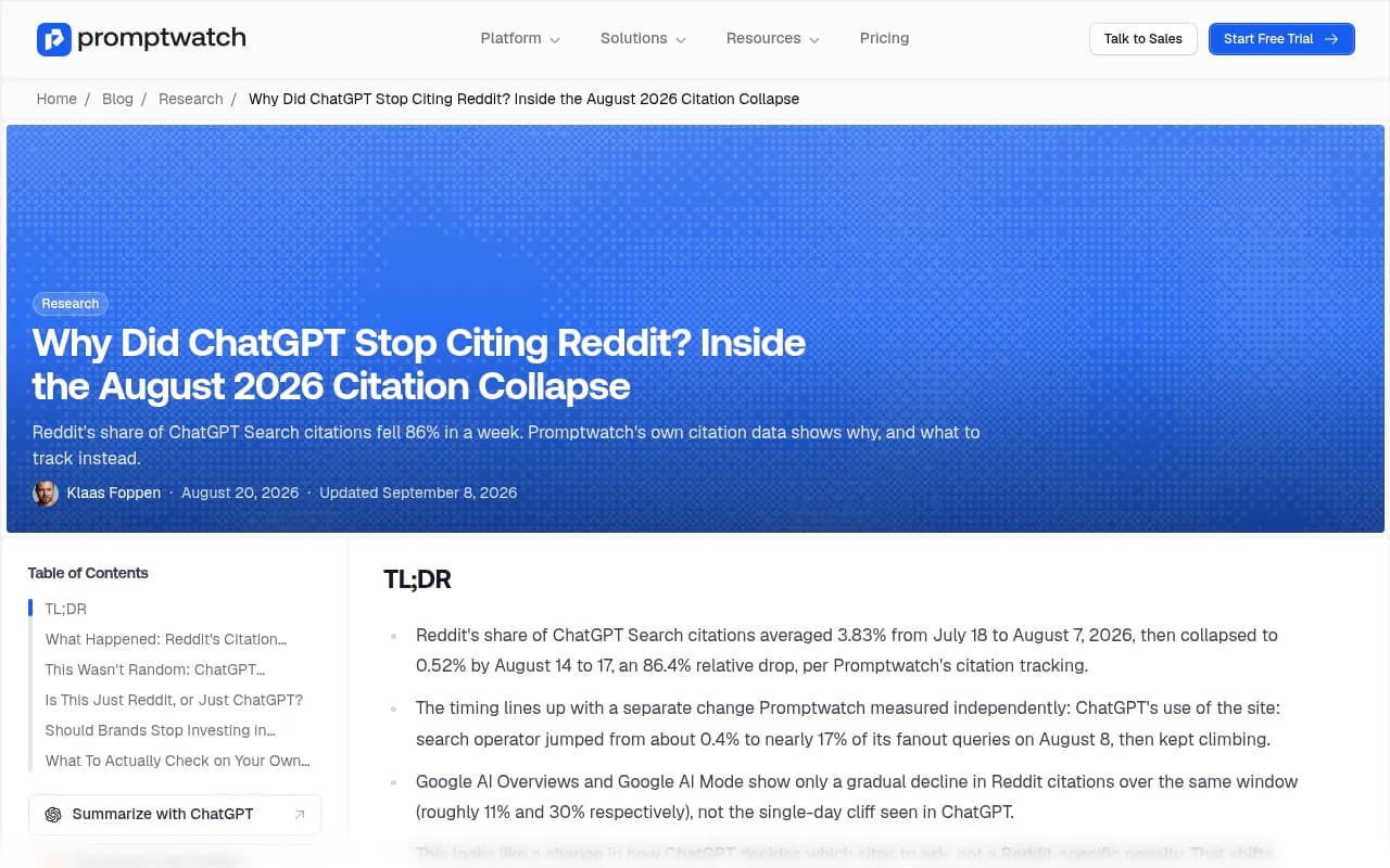 Promptwatch's report page on the August 2026 Reddit citation collapse in ChatGPT