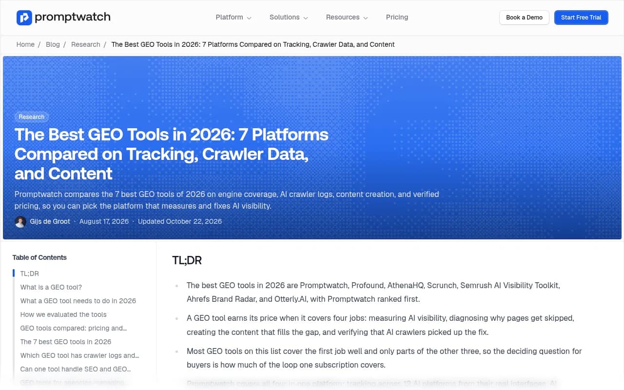 Promptwatch's 2026 GEO tools comparison, showing how the vendor frames tracking, crawler data and content as one loop