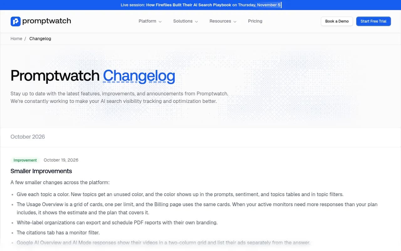 Promptwatch changelog showing recent updates including dashboards, PDF exports and Agent Chat improvements