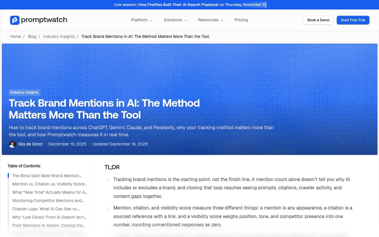 Promptwatch guide on tracking brand mentions in AI and why collection method matters