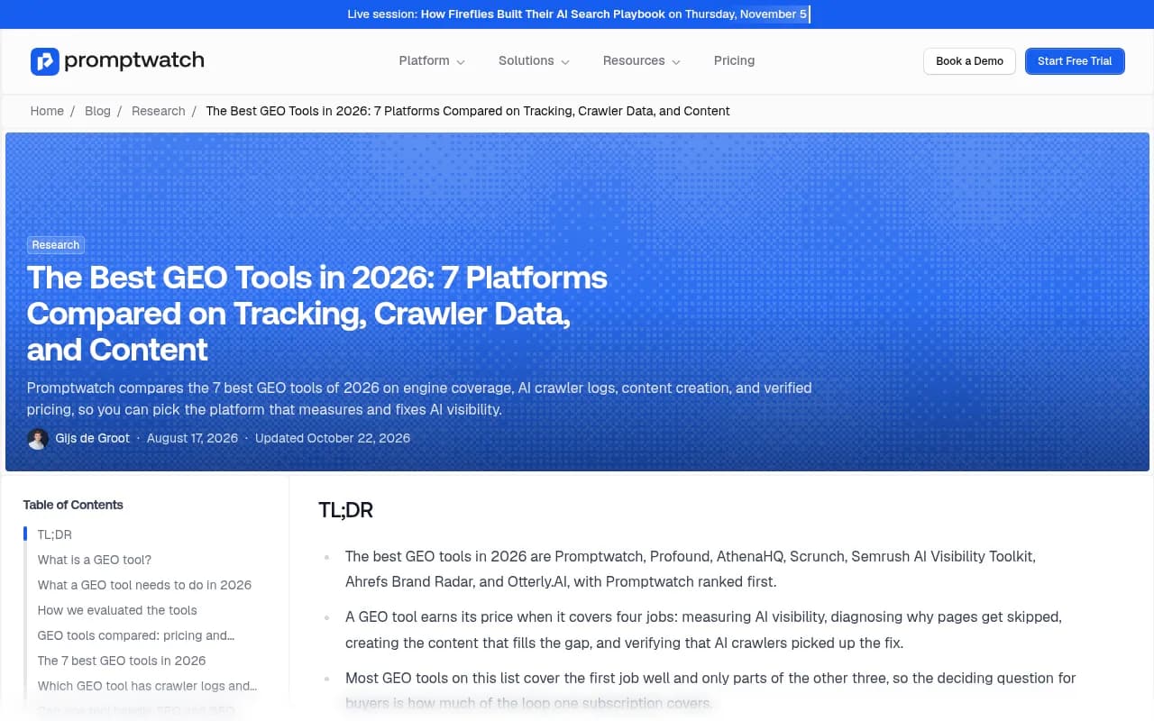 Promptwatch's own comparison of seven GEO tools, which ranks Promptwatch first