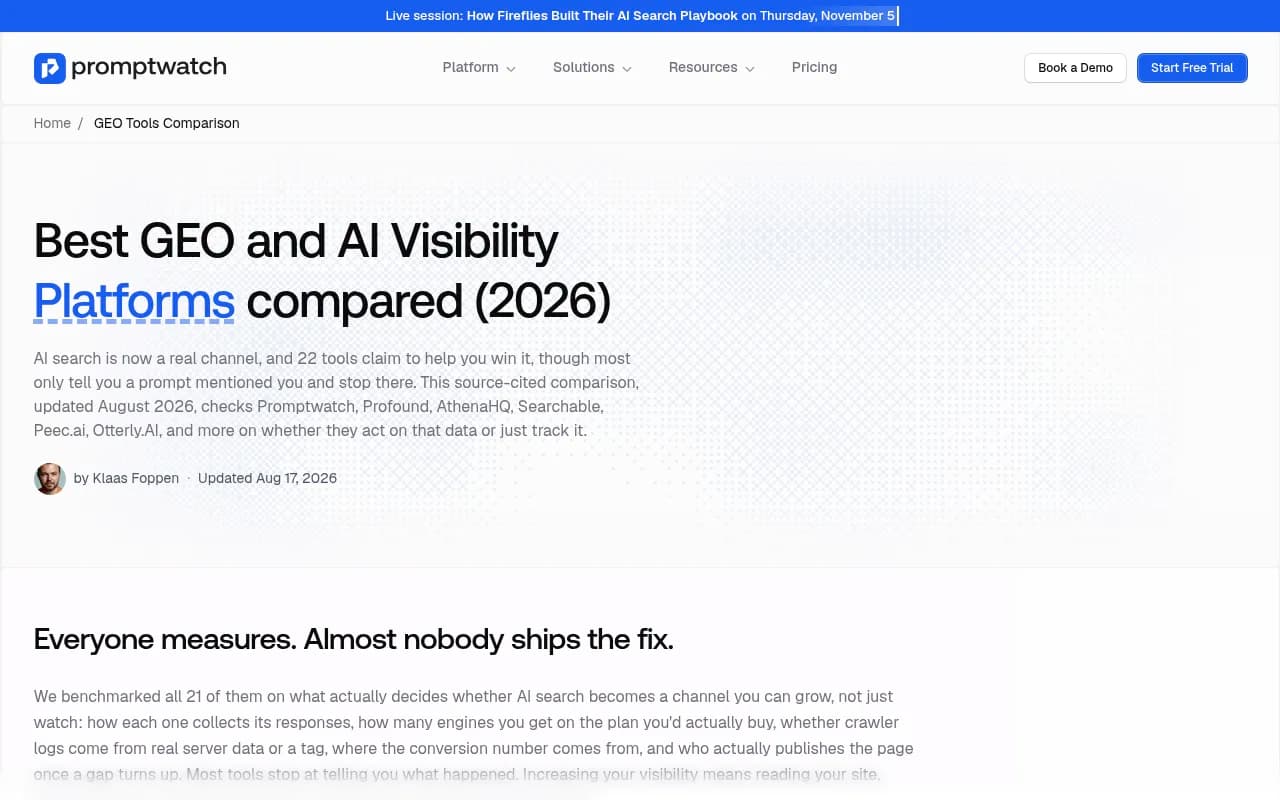 Promptwatch's 2026 comparison of GEO and AI visibility platforms, including cost per prompt and per response