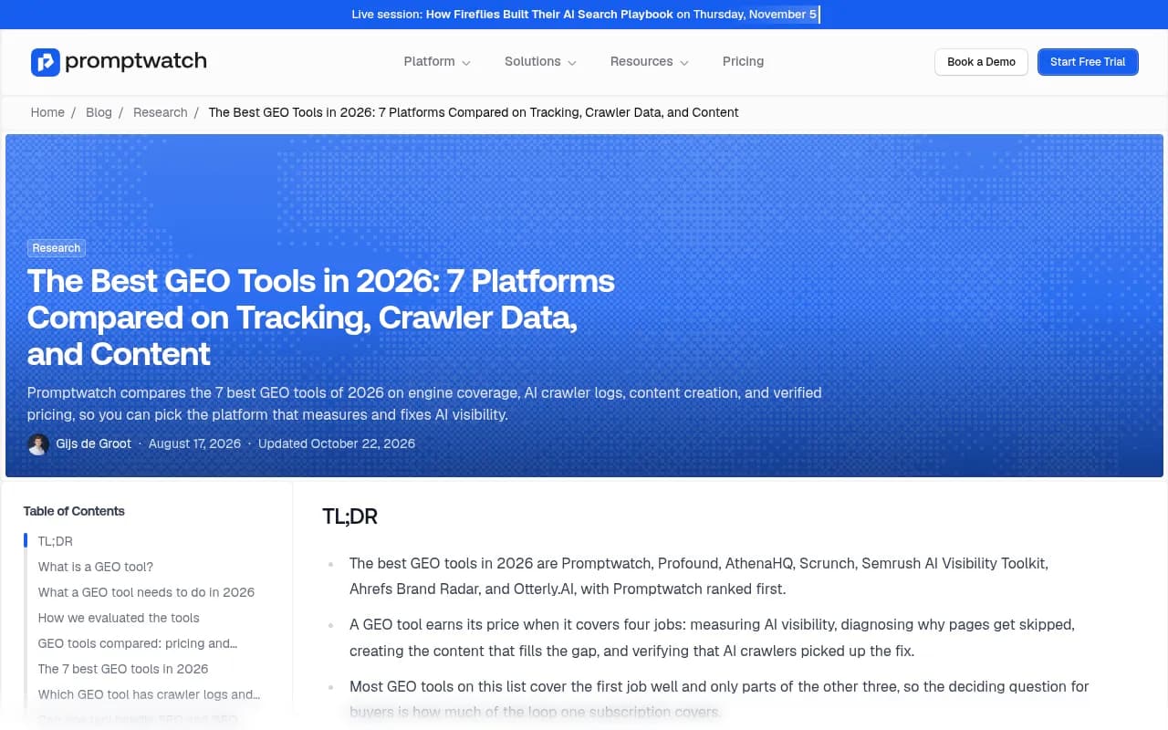 Promptwatch's 2026 GEO tools comparison page