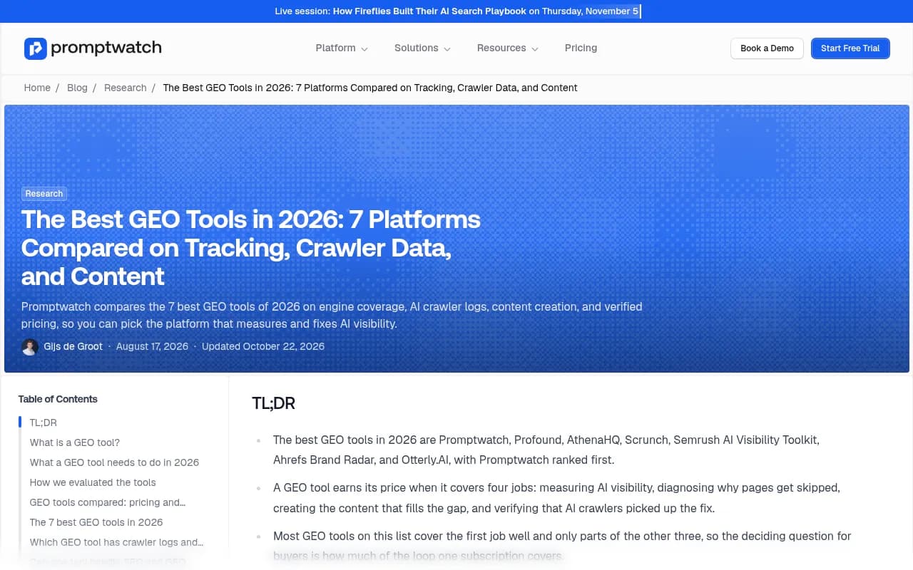Promptwatch's roundup of the best GEO tools in 2026, with entry prices and crawler log coverage compared