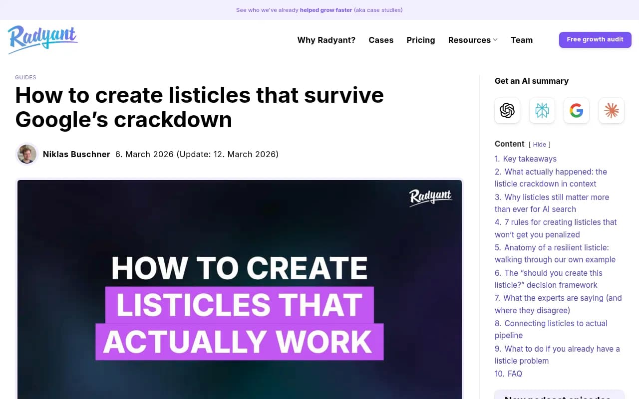 Radyant's guide on how to create listicles that survive Google's crackdown, showing the framework for depth and editorial quality
