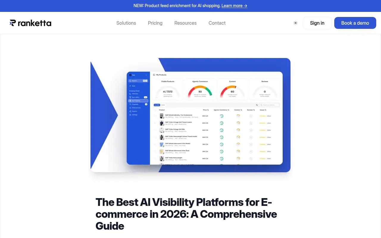 Ranketta's 2026 guide comparing AI visibility platforms for e-commerce teams