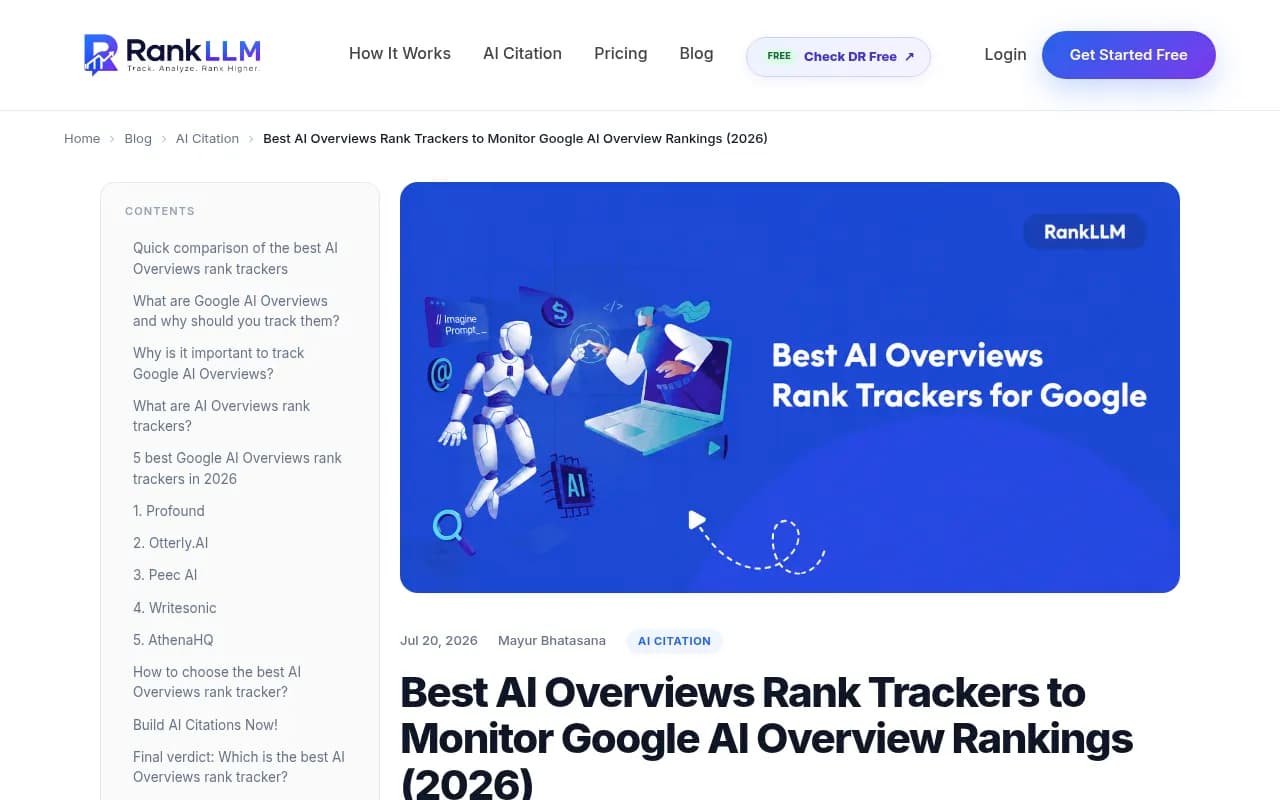 RankLLM's comparison table of AI Overviews rank trackers with features and starting prices